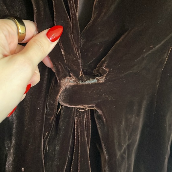 Donna Karan | Brown Silk Long Sleeve Velvet V-Neck Mini Dress - Picture 6 of 7